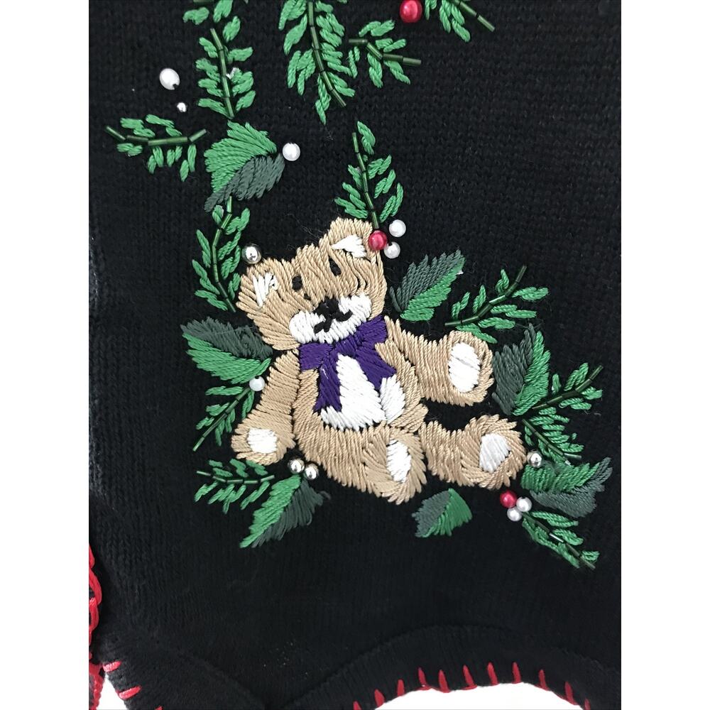 Vtg Victoria Jones Black Ugly Christmas Button Up Cardigan Sweater Vest M L 44" - Picture 3 of 8